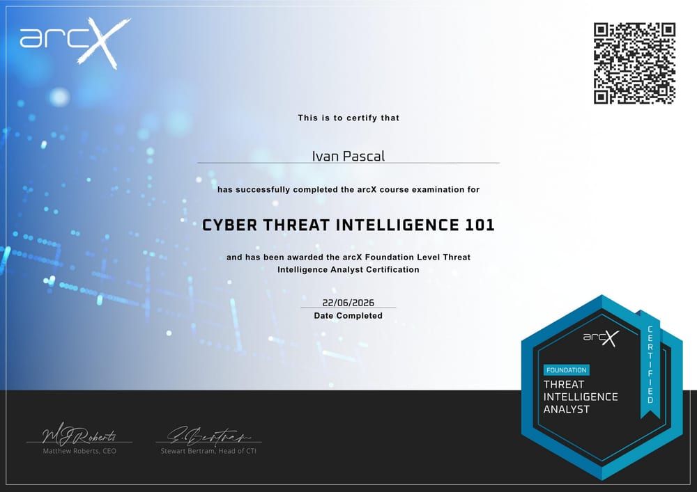 arcX Cyber Threat Intelligence 101 Certificate — Ivan Pascal, June 2026
